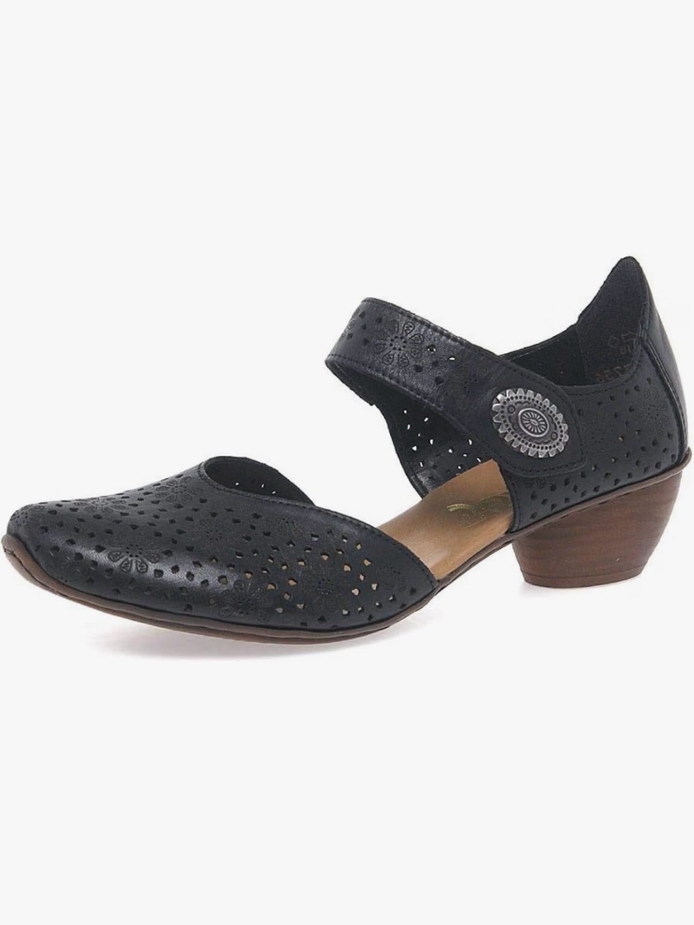 Rieker Mirjam Mary Jane Black Perforated Leather Design Velcro Strap EU 38 US7.5